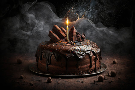 volcanic chocolate birthday cake with burning candles on dark background, created with generative aiの素材