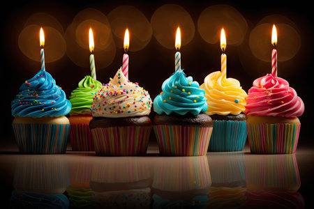 birthday cupcakes with multi-colored candles for festive holiday, created with generative aiの素材