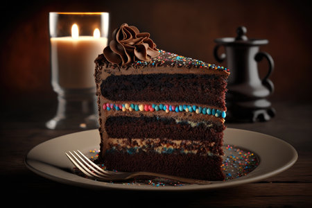 delicious multi-layered chocolate birthday cake on plate with sprinkles and candles, created with generative aiの素材