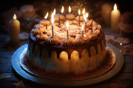 homemade round birthday cake with burning candles for festive party, created with generative aiの素材
