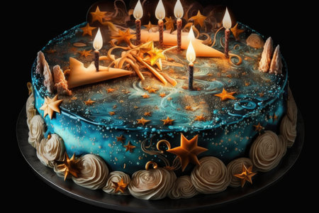 large round birthday cake with burning candles and decoration of pieces, created with generative aiの素材