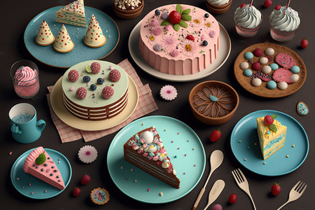 dishes with different pieces of sweet homemade birthday cake on table, created with generative aiの素材