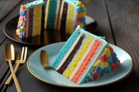 slices of multi-colored delicious birthday cake with candles and decoration on plate, created with generative aiの素材