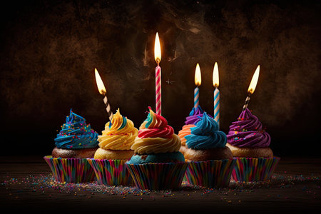 celebration of birth with multi-colored confetti and burning candles in cupcakes birthday cake, created with generative aiの素材