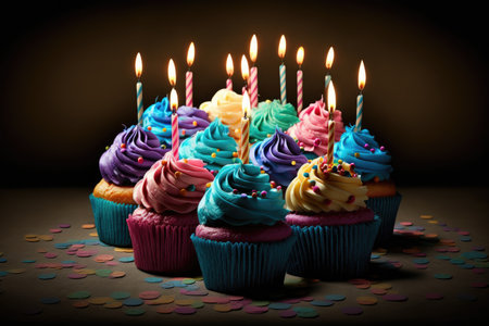 birthday cake with multi-colored cupcakes and festive candles, created with generative aiの素材