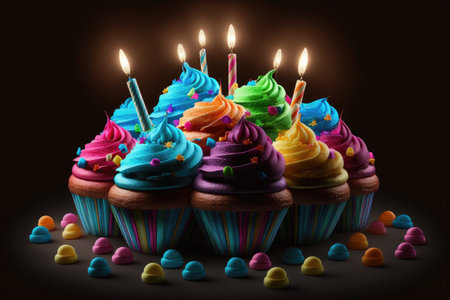 birthday cake with multi-colored cupcakes and festive candles, created with generative aiの素材