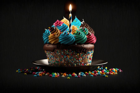 birthday cake with multi-colored cupcakes and festive candles, created with generative aiの素材