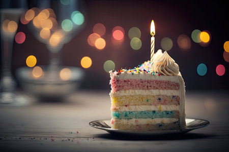 one piece of multi-layered birthday cake with candles and decorations on blurred background, created with generative aiの素材