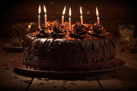 happy birthday to pleasant day in form of chocolate cake with burning candles, created with generative aiの素材
