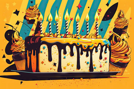 celebration of big birthday party with burning candles on yellow rectangular cake, created with generative aiの素材