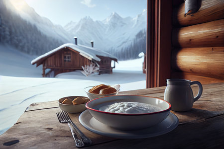 breakfast in winter time with bowl of porridge on wooden big dining table on chalet, created with generative aiの素材