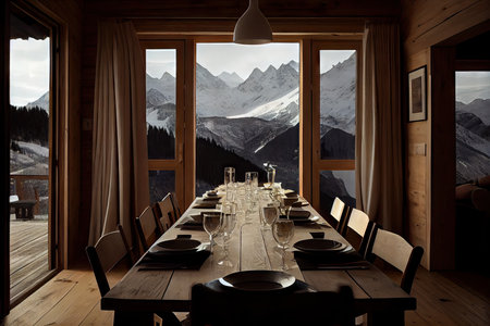 dining room with views of mountains big dining table on chalet, created with generative aiの素材
