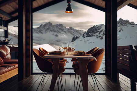 suit of stylish chair with big dining table on chalet in winter cafe against background of mountains, created with generative aiの素材