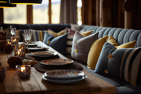 set of textiles with cushions and glasses on big dining table on chalet, created with generative aiの素材