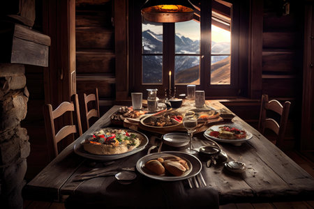 remnants of food and dishes after breakfast big dining table on chalet, created with generative aiの素材