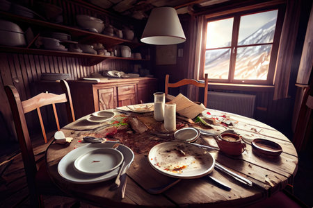 remnants of food and dishes after breakfast big dining table on chalet, created with generative aiの素材
