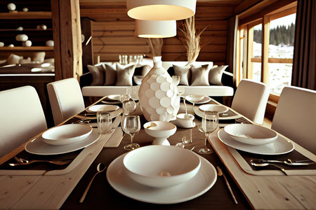 white place settings on table at dinner big dining table on chalet, created with generative aiの素材