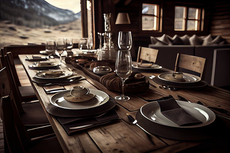 wooden big dining table on chalet with set of dishes and glasses, created with generative aiの素材