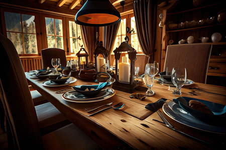 wooden big dining table on chalet with set of dishes and glasses, created with generative aiの素材