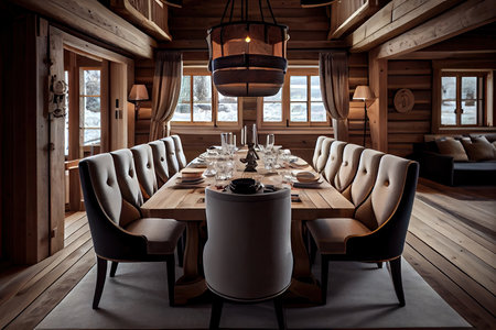 solid wooden chairs around big dining table on chalet, created with generative aiの素材