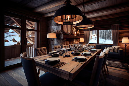big dining table with room for eight people in winter on chalet, created with generative aiの素材