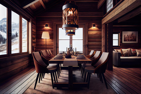 wooden interior room with chairs and big dining table on chalet, created with generative aiの素材