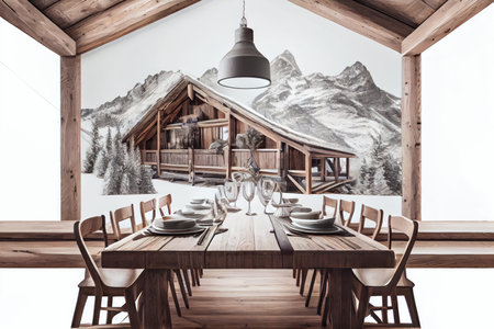 room with big dining table on chalet isolated on white background, created with generative aiの素材