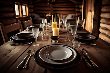 set with cutlery, plates and glasses big dining table on chalet, created with generative aiの素材