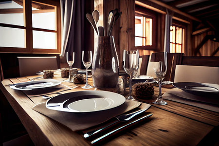 set with cutlery, plates and glasses big dining table on chalet, created with generative aiの素材