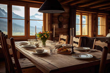 big dining table for family breakfast in mountains on chalet, created with generative aiの素材