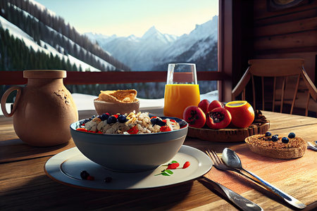 breakfast in mountains decoration of cereal and fruits on big dining table on chalet, created with generative aiの素材
