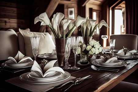 big dining table on chalet with cups, calla lilies in vases and original decoration, created with generative aiの素材