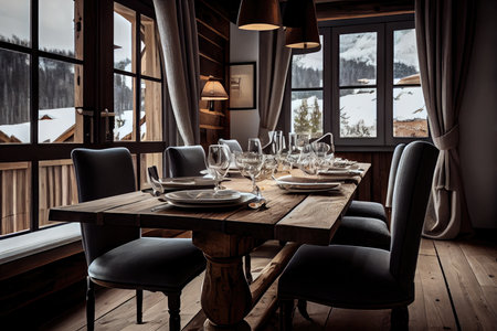 big dining table with dark wooden chairs next to window of chalet, created with generative aiの素材