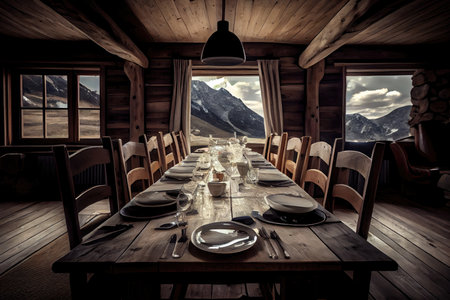 big dining table with chairs in mountain hut chalet, created with generative aiの素材