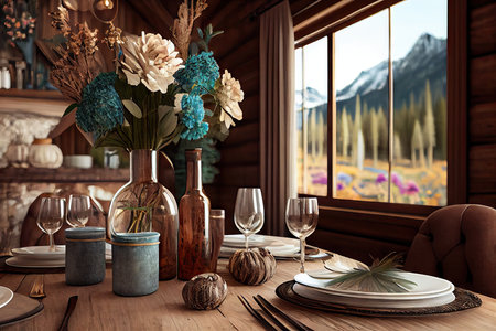 dining table for four people with decorative glasses and flowers in mountain chalet interior, created with generative aiの素材