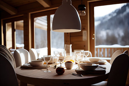 white table with bright breakfast at big dining table on chalet, created with generative aiの素材