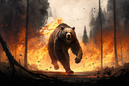 bear running from burning forest, flames and smoke in background, created with generative aiの素材