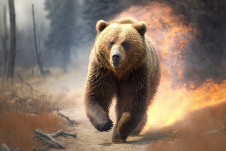 bear escapes blaze unscathed, with only singed fur to show for it, created with generative aiの素材