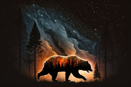 bear, running from burning forest and into the night sky, created with generative aiの素材