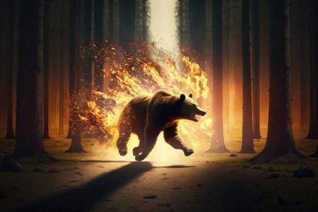 bear running through burning forest, escaping the flames, created with generative aiの素材