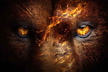 close-up of bears snout, with flames dancing in its eyes, created with generative aiの素材