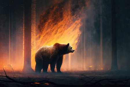 bear wakes from hibernation, surrounded by burning forest, created with generative aiの素材