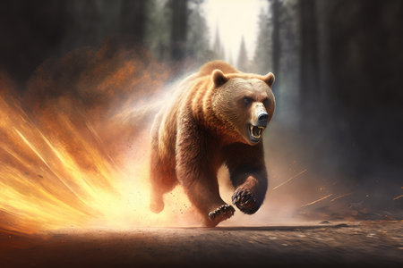bear, running from burning forest, with the flames in hot pursuit, created with generative aiの素材