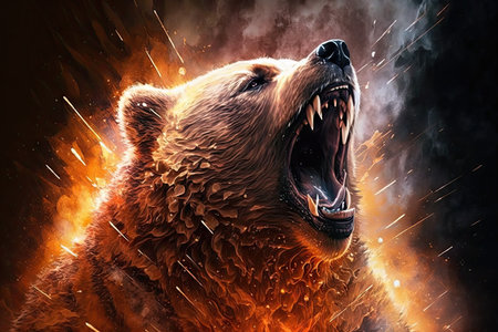 bear, roaring in fierce determination, as it protects its territory from the flames, created with generative aiの素材