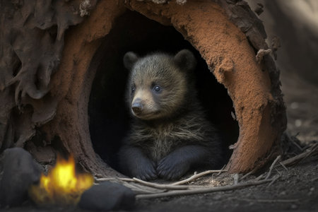 bear cub hiding in the charred remains of its home, while flames continue to burn around it, created with generative aiの素材