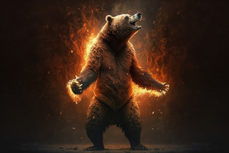 bear on its hind legs, roaring and swatting at the flames, created with generative aiの素材