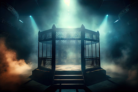 cage fight arena with dramatic lighting and smoke machines, setting the scene for epic battle, created with generative aiの素材