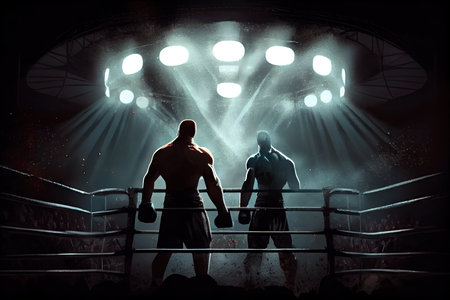 cage fight arena under the bright lights, with two fighters preparing for battle, created with generative aiの素材