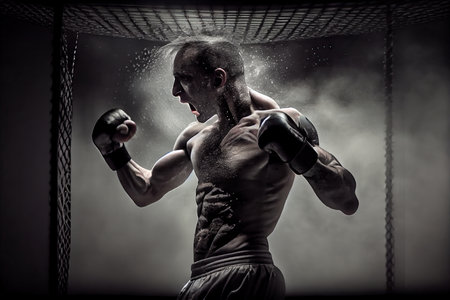 caged fighter training before fight, punching and kicking the air, created with generative aiの素材