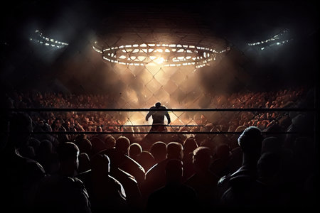 cage fight arena, with cheering crowd and flashing lights, during the night of exciting fights, created with generative aiの素材